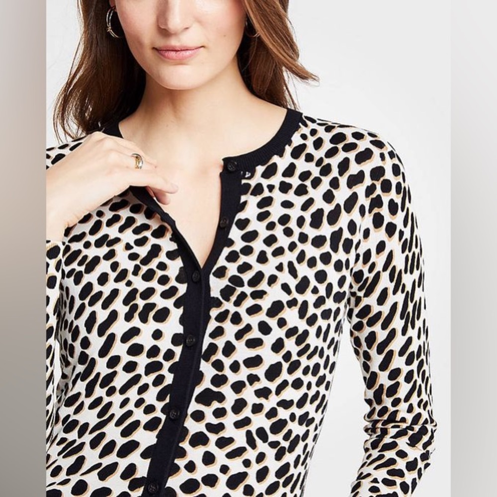 NEW! Ann Taylor Ivory, Black, & Tan Leopard Print Cotton Cardigan Sweater